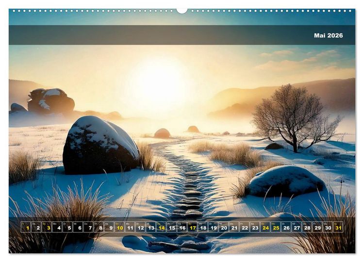 Produktbild: Verschneite Landschaft unter einer fahlen Wintersonne (hochwertiger Premium Wandkalender 2026 DIN A2 quer), Kunstdruck in Hochglanz
