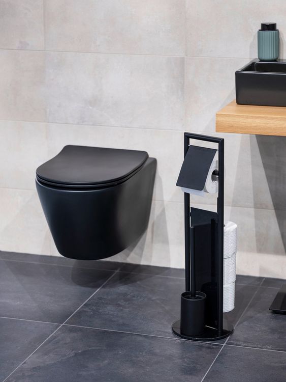 Produktbild: Stand WC-Garnitur Mod. Ravina, Schwarz, mit Ersatzrollenhalter f&uuml;r 3 Rollen