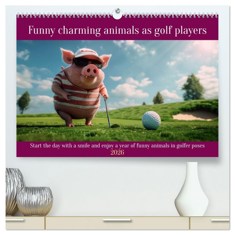 Produktbild: Funny charming animals as golf players (High Quality Premium Wall Calendar 2026 DIN A2 landscape),CALVENDO 12 Month Wall Calendar