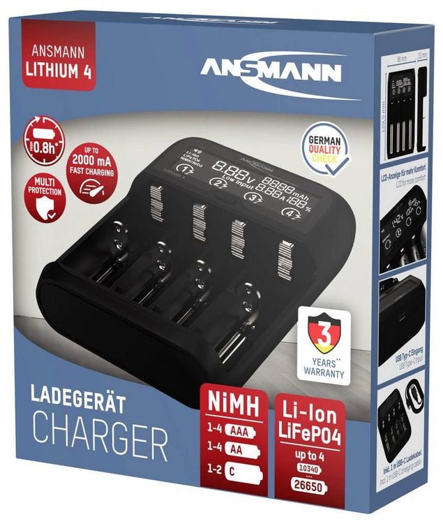 Produktbild: Ansmann Lithium 4 Universalladeger&auml;t mit 2x 18650 Akkuzellen (2600mAh) Ladeger&auml;t LiIon, LiFePO4, NiMH 18500, 18650, 14500, 16340