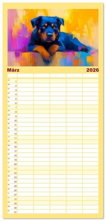 Produktbild: Familienplaner 2026 - Kraftvolle Partner. Hunde in k&uuml;nstlerischer &Ouml;loptik mit 5 Spalten (Wandkalender, 21 x 45 cm) CALVENDO