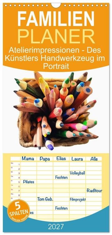 Produktbild: Familienplaner 2027 - Atelierimpressionen - Des K&uuml;nstlers Handwerkzeug im Portrait mit 5 Spalten (Wandkalender, 21 x 45 cm) CALVENDO