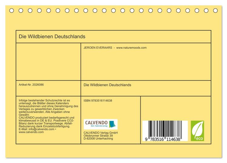 Produktbild: Die Wildbienen Deutschlands (Tischkalender 2026 DIN A5 quer), CALVENDO Monatskalender