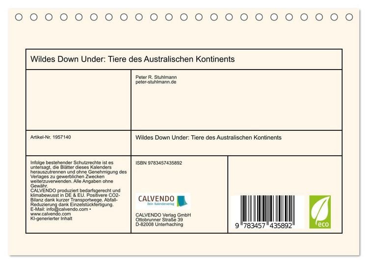 Produktbild: Wildes Down Under: Tiere des Australischen Kontinents (Tischkalender 2026 DIN A5 quer), CALVENDO Monatskalender