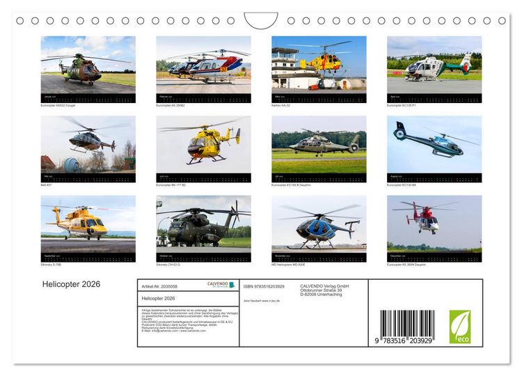 Produktbild: Helicopter 2026 (Wandkalender 2026 DIN A4 quer), CALVENDO Monatskalender