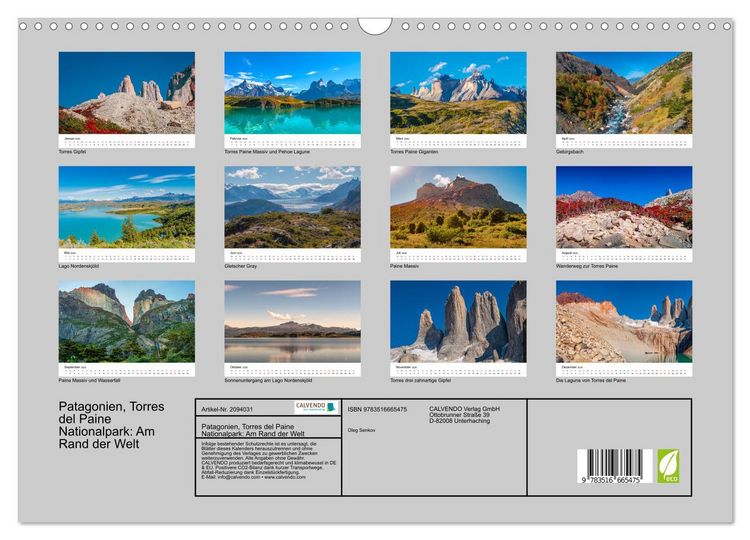 Produktbild: Patagonien, Torres del Paine Nationalpark: Am Rand der Welt (Wandkalender 2026 DIN A3 quer), CALVENDO Monatskalender