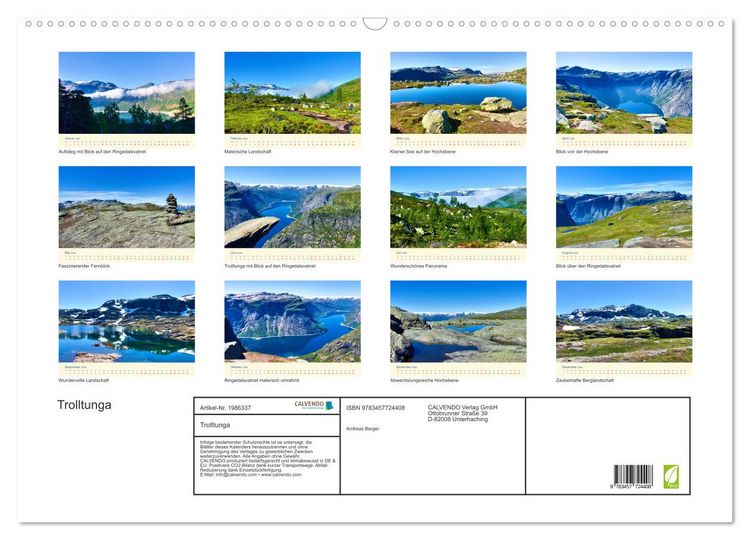 Produktbild: Trolltunga (Wandkalender 2026 DIN A2 quer), CALVENDO Monatskalender