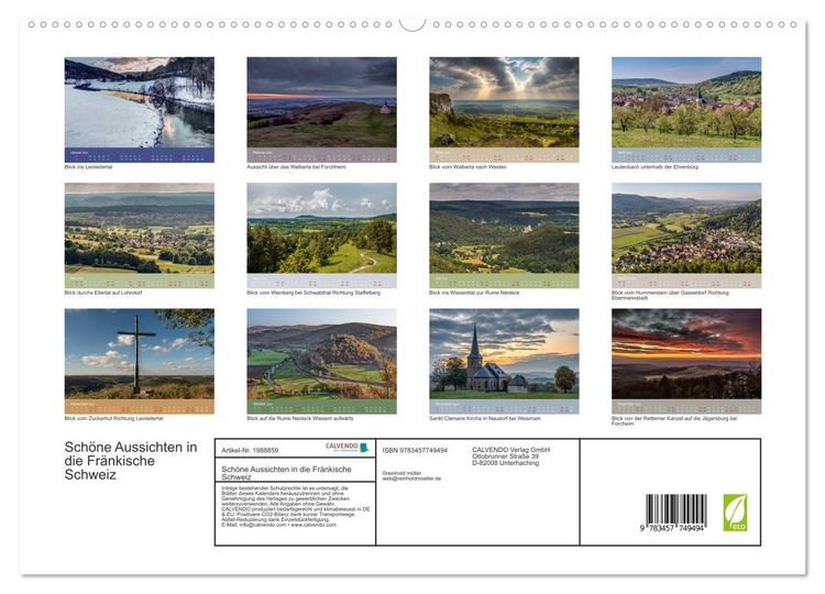 Produktbild: Sch&ouml;ne Aussichten in die Fr&auml;nkische Schweiz (hochwertiger Premium Wandkalender 2026 DIN A2 quer), Kunstdruck in Hochglanz