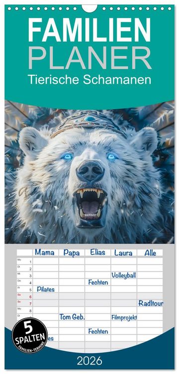Produktbild: Familienplaner 2026 - Tierische Schamanen mit 5 Spalten (Wandkalender, 21 x 45 cm) CALVENDO