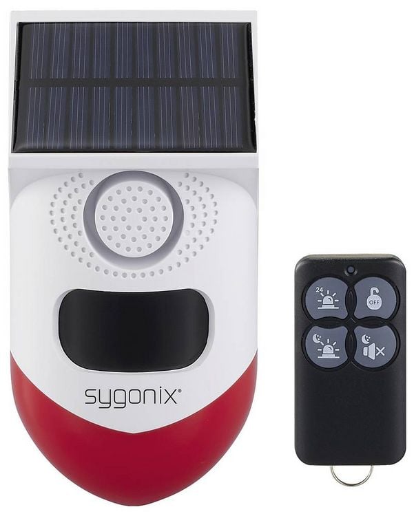Produktbild: Sygonix Mini-Alarmanlage Wei&szlig;, Rot mit LED, mit Bewegungsmelder, mit Fernbedienung, mit Solar, mit WLAN 120 dB SY-6515320