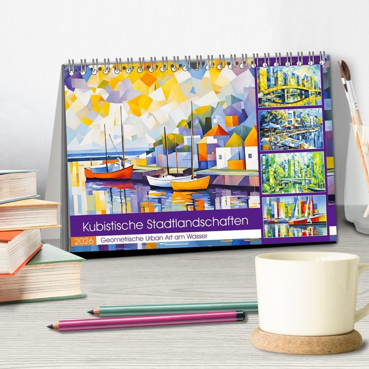 Produktbild: Kubistische Stadtlandschaften - Geometrische Urban Art am Wasser (Tischkalender 2026 DIN A5 quer), CALVENDO Monatskalender