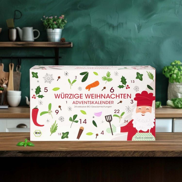 Produktbild: W&uuml;rzige Weihnachten BIO Gew&uuml;rz Adventskalender mit Gew&uuml;rzen und Rezeptideen