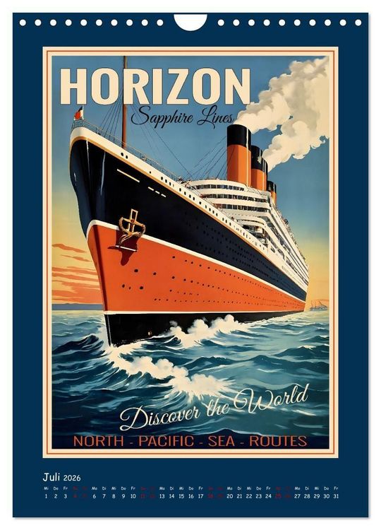 Produktbild: Vintage Schiffsplakate - nostalgische Kreuzfahrt um die Welt (Wandkalender 2026 DIN A4 hoch), CALVENDO Monatskalender