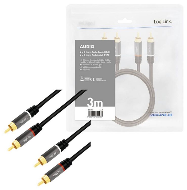 Produktbild: LogiLink CA1206 Cinch Audio Anschlusskabel 3.0m Schwarz Geschirmt, Farbcodiert
