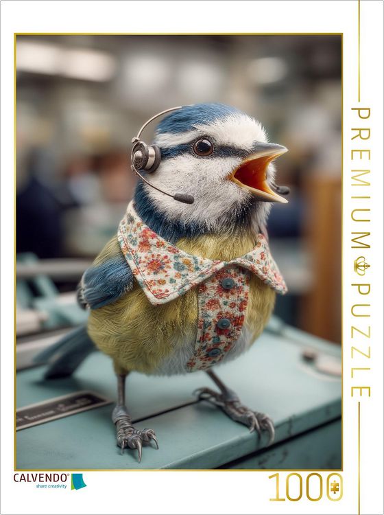 Produktbild: CALVENDO Puzzle Eine bunt gefiederte Meise mit Bluse und Headset steht auf einem Schreibtisch und wirkt wie eine telefonierende Sekret&auml;rin | 1000 Teile Lege-Gr&ouml;&szlig;e 64x48cm Foto-Puzzle f&uuml;r gl&uuml;ckliche Stunden