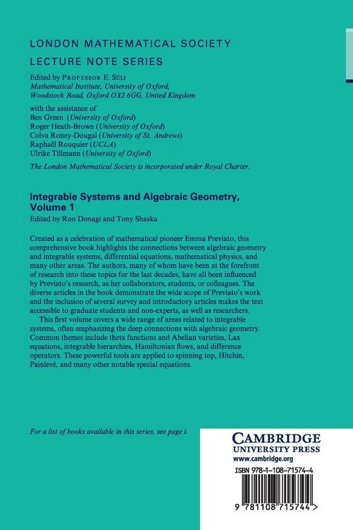 Produktbild: Integrable Systems and Algebraic Geometry: Volume 1