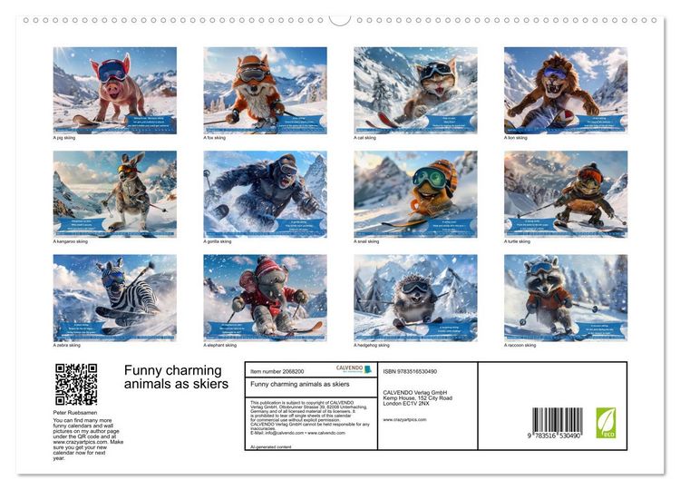 Produktbild: Funny charming animals as skiers (High Quality Premium Wall Calendar 2026 DIN A2 landscape),CALVENDO 12 Month Wall Calendar