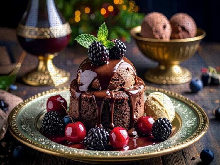 Produktbild: CALVENDO Puzzle Schokoladen Souffle mit fl&uuml;ssiger Schokolade und Fr&uuml;chten | 1000 Teile Lege-Gr&ouml;&szlig;e 64x48cm Foto-Puzzle f&uuml;r gl&uuml;ckliche Stunden