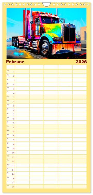 Produktbild: Familienplaner 2026 - Langhauber Paintings. Trucks in lebendigen Farben mit 5 Spalten (Wandkalender, 21 x 45 cm) CALVENDO