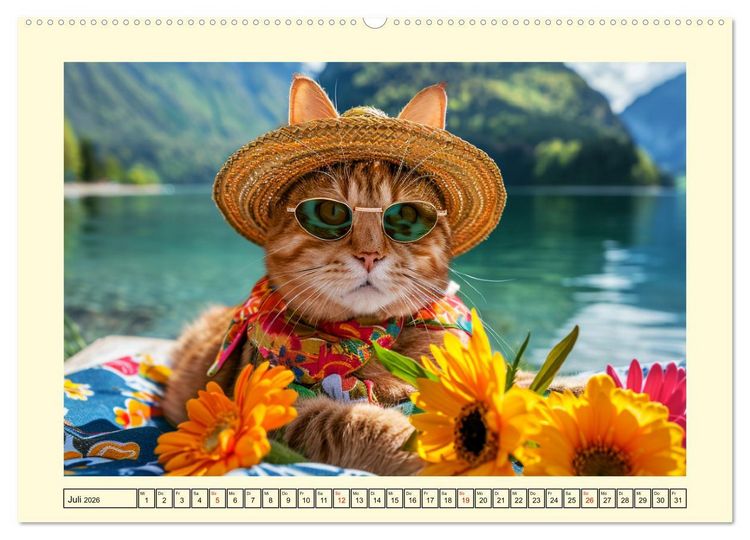 Produktbild: Katzen-Divas beim alpinen Fotoshoot. Extravagante Katzenmode (hochwertiger Premium Wandkalender 2026 DIN A2 quer), Kunstdruck in Hochglanz