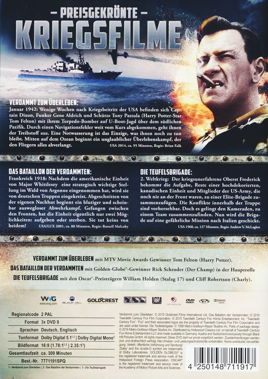 Produktbild: Preisgekr&ouml;nte Kriegsfilme - Die Teufelsbrigade, Verdammt zum &Uuml;berleben, The Lost Battalion [3 DVDs]