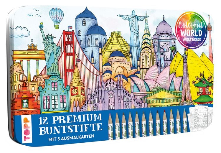 Produktbild: Colorful World Weltreise Designdose mit 12 Buntstiften