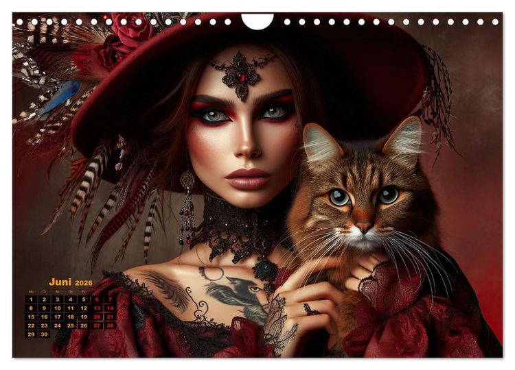 Produktbild: Luxuri&ouml;ser Bohemian Flair - Elegante Frauen mit anmutigen Katzen (Wandkalender 2026 DIN A4 quer), CALVENDO Monatskalender
