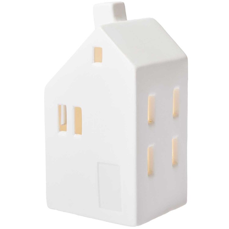 Produktbild: Haus Schrägdach Porzellan mit LED weiß 13x6x7cm