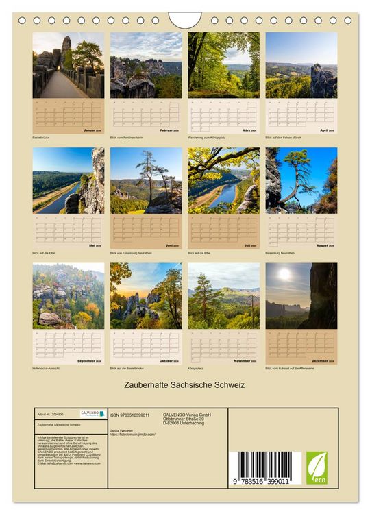 Produktbild: Zauberhafte S&auml;chsische Schweiz (Wandkalender 2026 DIN A4 hoch), CALVENDO Monatskalender