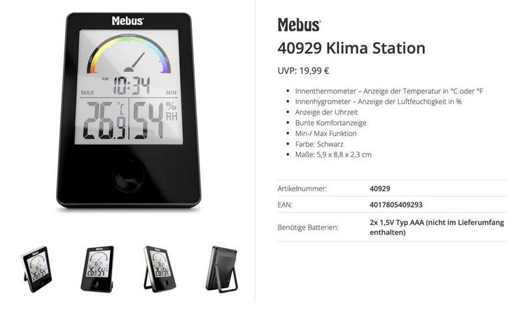 Produktbild: Mebus Thermo-/Hygrometer Schwarz 40929