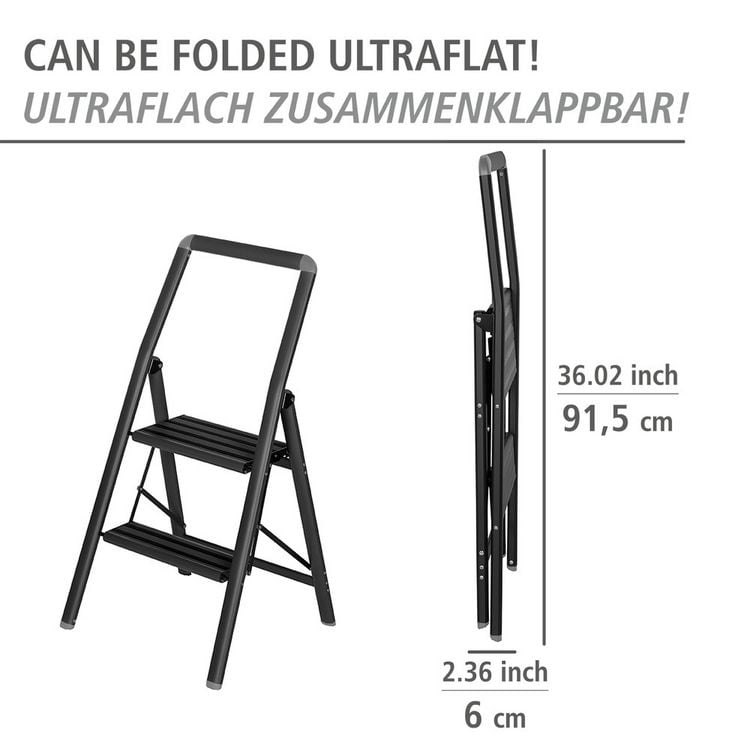 Produktbild: Alu-Klapptrittleiter Compact 2-stufig Schwarz, leichte & rutschfeste Haushaltsleiter,
