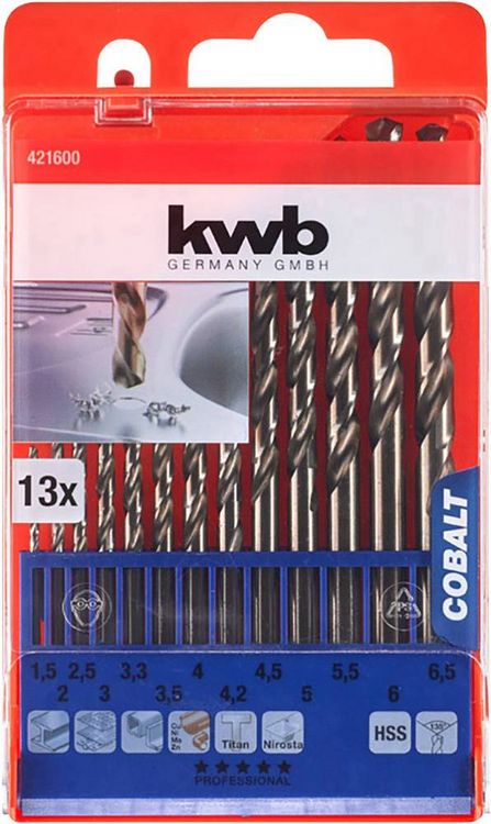 Produktbild: Kwb 421600 HSS-Co Metall-Spiralbohrer-Set 13teilig M35 DIN 338 Zylinderschaft 1St.