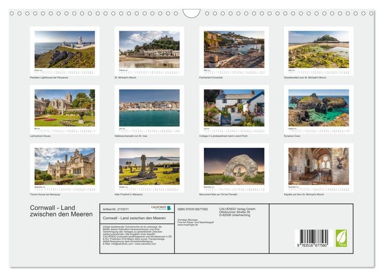 Produktbild: Cornwall - Land zwischen den Meeren (Wandkalender 2026 DIN A3 quer), CALVENDO Monatskalender