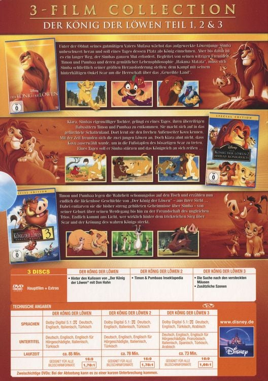Produktbild: Der K&ouml;nig der L&ouml;wen - Dreierpack (Disney Classics + 2. & 3.Teil) [3 DVDs]