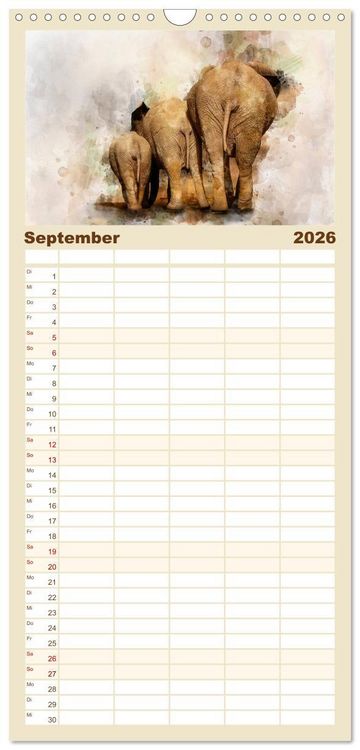 Produktbild: Familienplaner 2026 - Elefanten - k&uuml;nstlerische Impressionen der gr&ouml;&szlig;ten noch lebenden Landtiere mit 5 Spalten (Wandkalender, 21 x 45 cm) CALVENDO