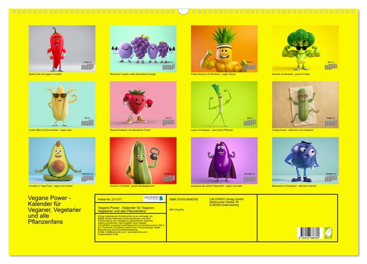 Produktbild: Vegane Power - Kalender f&uuml;r Veganer, Vegetarier und alle Pflanzenfans (Wandkalender 2026 DIN A2 quer), CALVENDO Monatskalender
