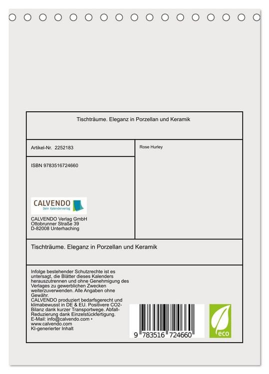 Produktbild: Tischtr&auml;ume. Eleganz in Porzellan und Keramik (Tischkalender 2026 DIN A5 hoch), CALVENDO Monatskalender