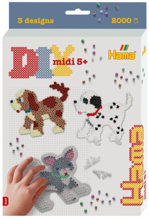 Produktbild: Hama 3449 - Kleine Geschenkpackung Hunde und Katze mit ca. 2000 Midi-Bügelperlen, Stiftplatten und Zubehör