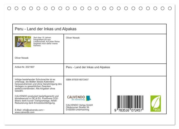 Produktbild: Peru - Land der Inkas und Alpakas (Tischkalender 2026 DIN A5 quer), CALVENDO Monatskalender