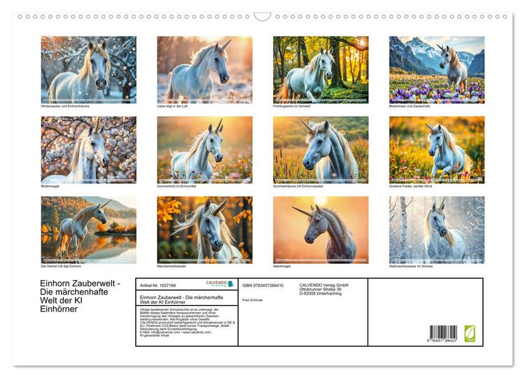 Produktbild: Einhorn Zauberwelt - Die m&auml;rchenhafte Welt der KI Einh&ouml;rner (Wandkalender 2026 DIN A2 quer), CALVENDO Monatskalender