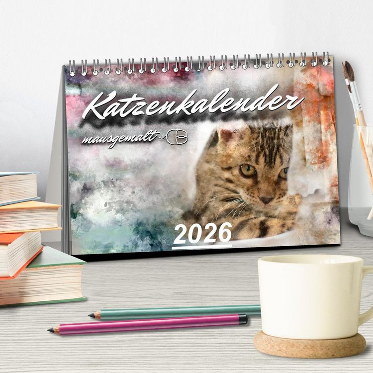Produktbild: Katzenkalender mausgemalt (Tischkalender 2026 DIN A5 quer), CALVENDO Monatskalender