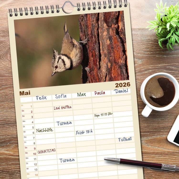 Produktbild: Familienplaner 2026 - V&ouml;gel ganz nah mit 5 Spalten (Wandkalender, 21 x 45 cm) CALVENDO