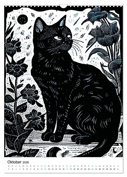 Produktbild: Katzen Linolschnitt - Der Kalender mit kunstvollen Portr&auml;ts der Samtpfoten (Wandkalender 2026 DIN A3 hoch), CALVENDO Monatskalender
