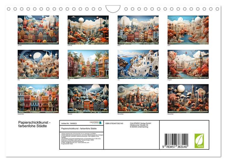 Produktbild: Papierschicktkunst - farbenfohe St&auml;dte (Wandkalender 2026 DIN A4 quer), CALVENDO Monatskalender