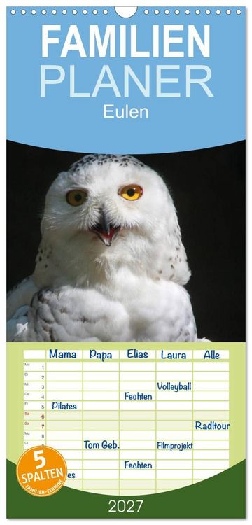 Produktbild: Familienplaner 2027 - Eulen mit 5 Spalten (Wandkalender, 21 x 45 cm) CALVENDO