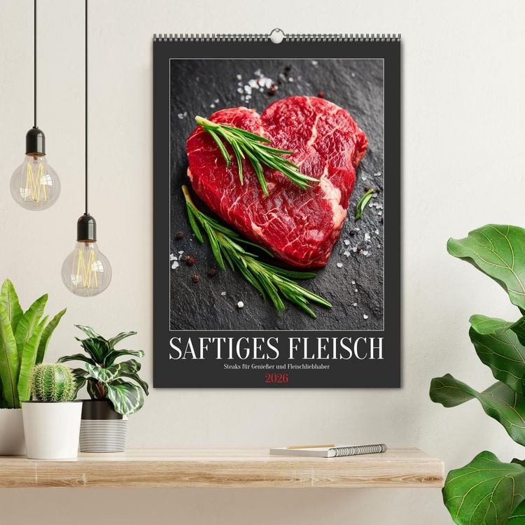 Produktbild: Saftiges Fleisch - Steaks f&uuml;r Genie&szlig;er und Fleischliebhaber (Wandkalender 2026 DIN A2 hoch), CALVENDO Monatskalender