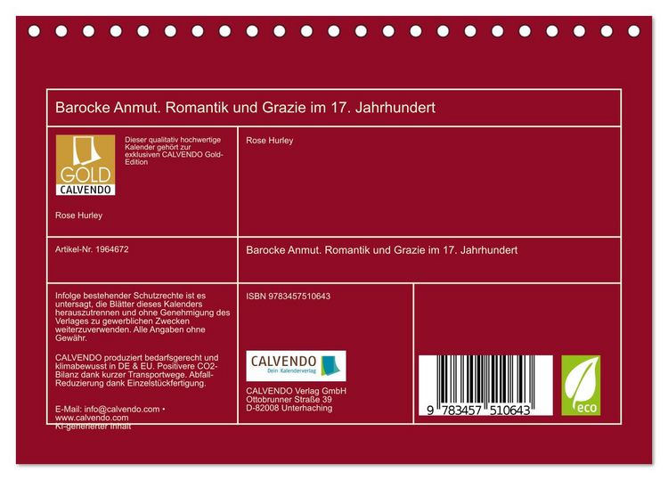 Produktbild: Barocke Anmut. Romantik und Grazie im 17. Jahrhundert (Tischkalender 2026 DIN A5 quer), CALVENDO Monatskalender