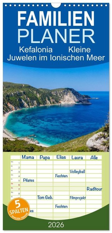 Produktbild: Familienplaner 2026 - Kefalonia Kleine Juwelen im Ionischen Meer mit 5 Spalten (Wandkalender, 21 x 45 cm) CALVENDO