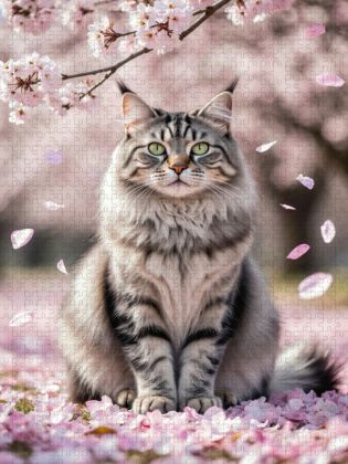 Produktbild: CALVENDO Puzzle Eine Maine Coon Katze sitzt zwischen Kirschbl&uuml;ten und strahlt Ruhe und Anmut im Fr&uuml;hling aus. | 1000 Teile Lege-Gr&ouml;&szlig;e 64x48cm Foto-Puz