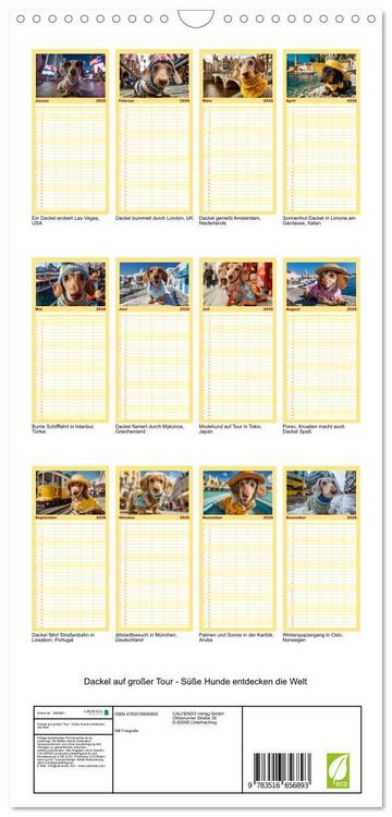 Produktbild: Familienplaner 2026 - Dackel auf gro&szlig;er Tour - S&uuml;&szlig;e Hunde entdecken die Welt mit 5 Spalten (Wandkalender, 21 x 45 cm) CALVENDO